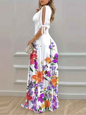 Women spring and summer off-shoulder short-sleeved V Neck print dress