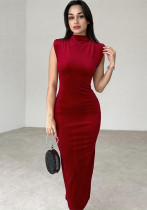 Women Spring Summer Back Slit Round Neck Sleeveless Dress