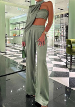 Women Elegant Halter Neck Slash Shoulder Strapless Sexy Crop Top and Wide Leg Pants Two-piece Set