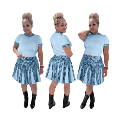 Women Round Neck knitting Print short-sleeved Top and pleated Skirt two-piece set