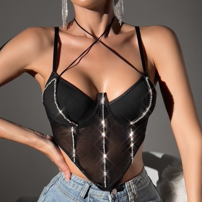 Women See-Through Mesh Sexy Crop Suspender Diamond Chain Fishbone Top