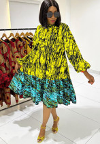 Women Printed Lace-Up Balloon Sleeves Loose Large Hem Round Neck Dress