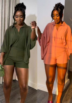 Sexy Solid Color Bat Sleeves Loose Shirt Shorts Two Piece Set