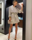 Summer Sequin Round Neck Long Sleeve Casual Loose Sequin Dress