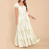 Spring Summer Printed Puff Sleeves Belt Chic Elegant Long Dress