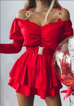 Solid Color Off Shoulder Puff Sleeve A-Line Dress