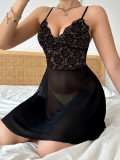 Erotic Lingerie Sexy Black Strap See Through Lacemesh Nightdress