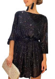 Summer Sequin Round Neck Long Sleeve Casual Loose Sequin Dress