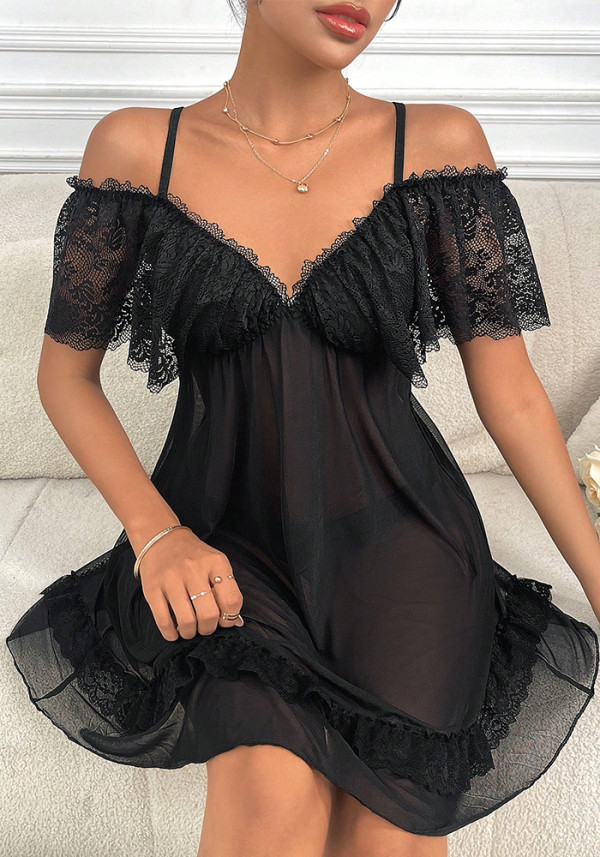 Erotic Lingerie Sexy Strap Off Shoulder See-Through Lacemesh Nightdress