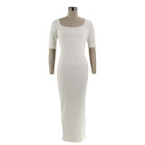 Women U-neck Short Sleeve Solid Ribbed Maxi Dress