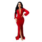 Women Solid V-neck Sexy Slit Long Sleeve Dress