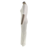 Women U-neck Short Sleeve Solid Ribbed Maxi Dress