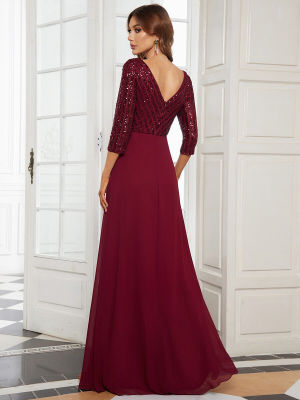 Women chiffon V-neck sequin Patchwork long-sleeved Evening dress
