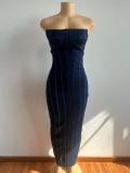 Women Sexy Strapless Bodycon Slit Backless Denim Dress