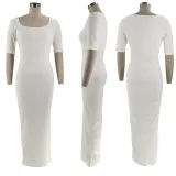 Women U-neck Short Sleeve Solid Ribbed Maxi Dress