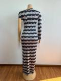 Women Off Shoulder Long Sleeve Bodycon Wave Pattern Slit Dress