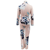 Women Printed Casual Lace-Up Long Sleeve Blazer and Pants Two-piece Set