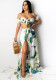 Women summer printed short-sleeved crop Top and slit Skirt sexy two-piece set