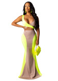Women Sexy Contrast Color Top and Long Skirt Two-piece Set