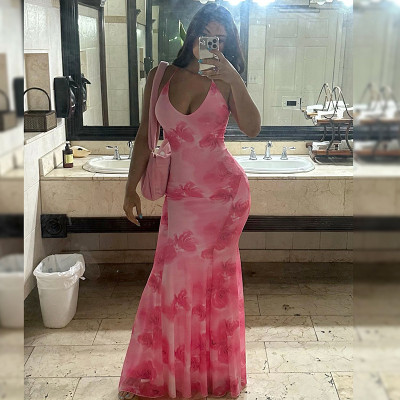 Women Summer Casual Printed Backless Strappy Fishtail Maxi Dress