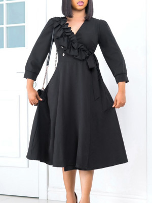 Women Solid V-Neck Pleated Dress