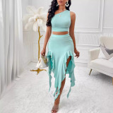 Women Summer Solid Shoulder Top and Ruffle Edge Skirt Two-piece Set