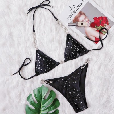 Women BikiniSolid Sexy Lace-Up Beaded Swimsuit Two Pieces