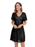 Shiny Sequin Short Sleeve V Neck Elegant Party Dress