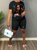 Women's Plus Size Loose Cartoon Print T-Shirt Shorts Two Piece Set