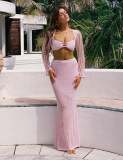 Summer Women's Crochet Long Sleeve Crop Top Casual Knitting Long Skirt Two Piece Set