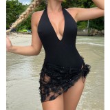 Solid Color Halter Deep V Neck Backless Sexy One-Piece Swimsuit Mesh Skirt Two Piece Swimwear