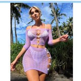 Women's Light Purple Pearl Lace Sexy See-Through Ripped Two-Piece Skirt Set