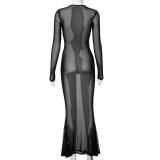 Spring Women's Fashionable Sexy See-Through Mesh Long-Sleeved Slim Dress