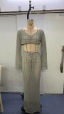 Sexy Women's Long-Sleeved Knitting Shirt High-Waisted Long Skirt Two Piece Set