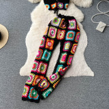 Women's Summer Crochet Strap Top Wide-Leg Pants Knitting Two Piece Set
