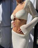 Summer Women's Crochet Long Sleeve Crop Top Casual Knitting Long Skirt Two Piece Set