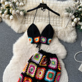 Women's Summer Crochet Strap Top Wide-Leg Pants Knitting Two Piece Set