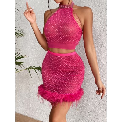 Women's Fishnet See-Through Sexy Halter Neck Vest Plush Skirt 2-Piece Set
