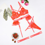 Fashionable Flower Embroidered Ruffle Sexy See-Through Four-Piece Underwear Set