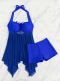 Halter Neck Solid Color Mesh Patchwork Low Back Lace-Up Dress Square Leg Shorts Two-Piece Swimsuit