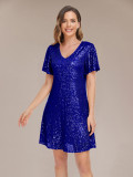 Shiny Sequin Short Sleeve V Neck Elegant Party Dress