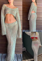 Sexy Women's Long-Sleeved Knitting Shirt High-Waisted Long Skirt Two Piece Set