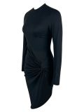 Fashionable Women's Nightclub Slim Solid Color Fashionable Long Sleeve Slit Irregular Long Dress