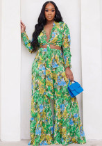 Women chiffon irregular printed long-sleeved top and wide-leg pants Casual two-piece set