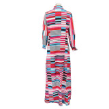 Women Irregular Print Turndown Collar Long Sleeve Maxi Dress