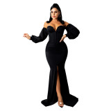 Women Solid Corset Sexy Long Sleeve Slit Party Dress