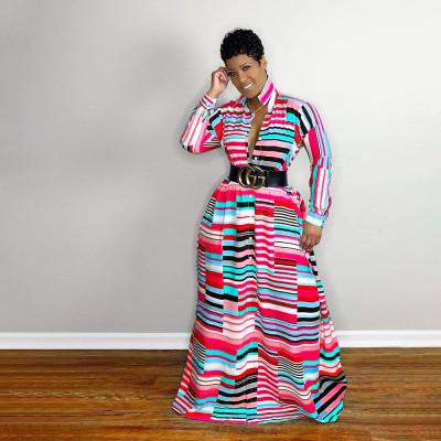 Women Irregular Print Turndown Collar Long Sleeve Maxi Dress