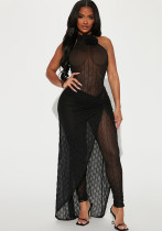 Women Spring Summer Sexy Mesh See-Through Jumpsuit Skirt Two-piece Set