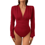 Women Spring Summer Sexy V-neck Long Sleeve Bodysuit