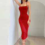 Women Spring Summer Sexy Backless Lace-Up Solid Dress